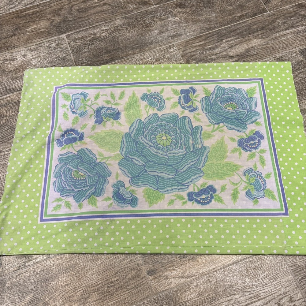 Vtg Fieldcrest 70s Percale Standard Pillow Case Green Blue Floral MCM Polka Dot